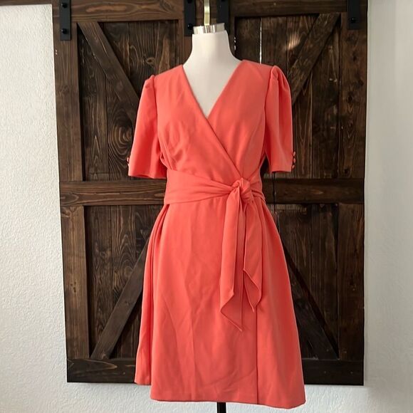 NWT Adrianna Papell Women's Tie Front Wrap Coral Dress SZ-12 - Picture 3 of 13